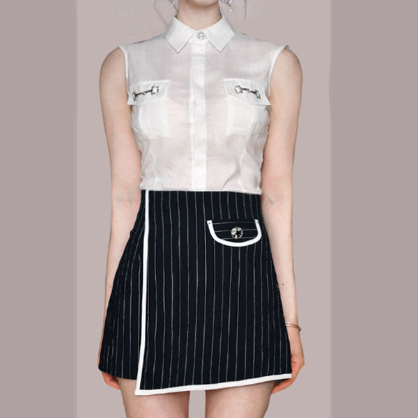 Turn-down collar sleeveless blouses & striped mini skirts