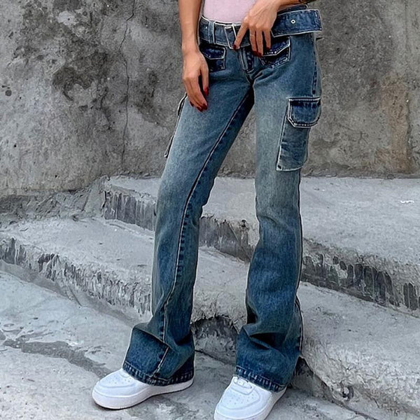 Vintage pockets high waist jeans with belt