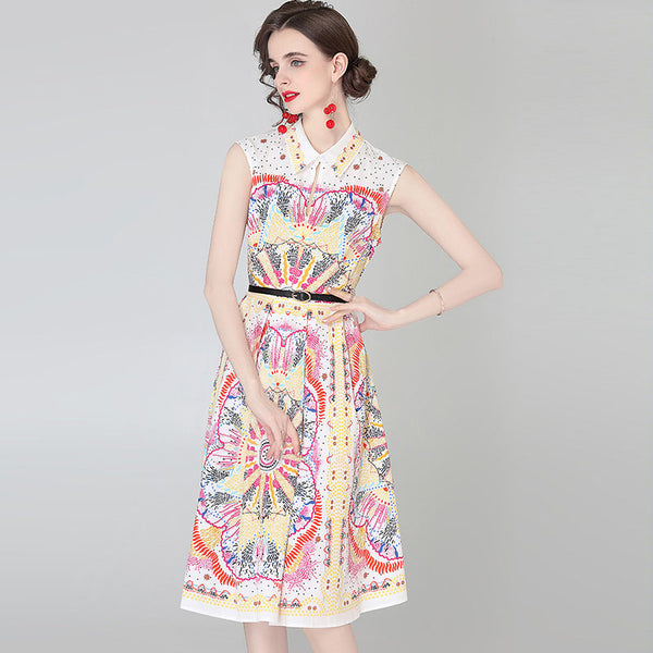 Sweet sleeveless floral belted a-line dresses