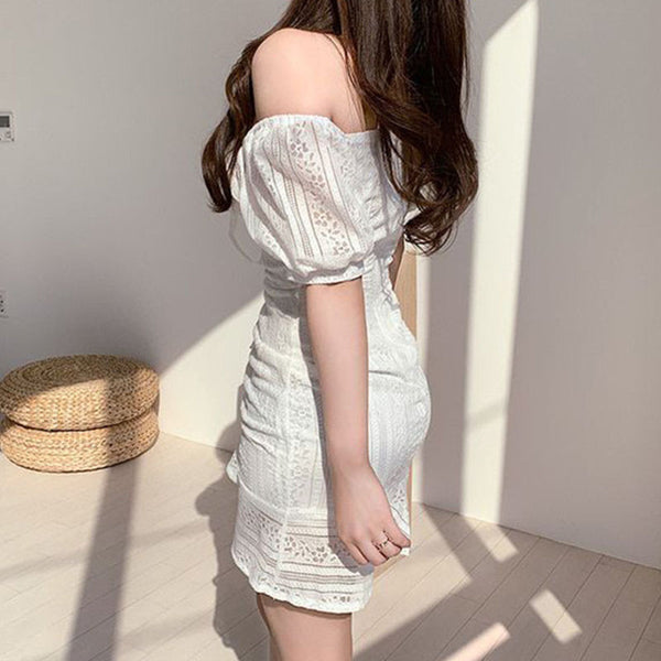 Off-the-shoulder drawcord mini lace dresses