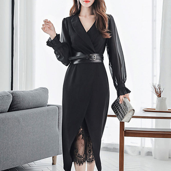 Lapel lantern sleeve dresses with belted