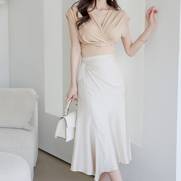 Brief v-neck top irregular sheath skirt suits