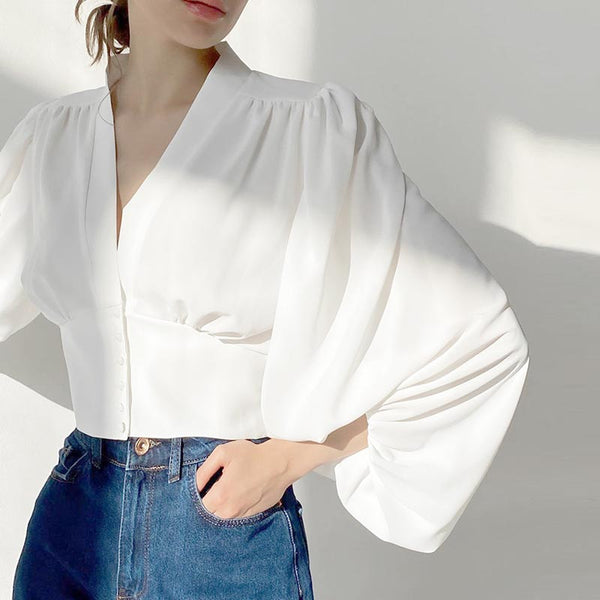 Lantern sleeve v-neck blouses with buttons