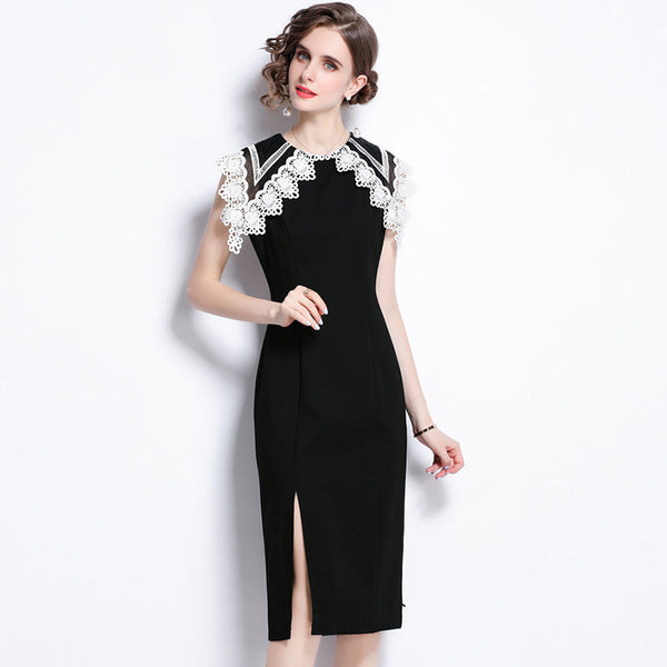 Lace patchwork collar sleeveless sheath dresses