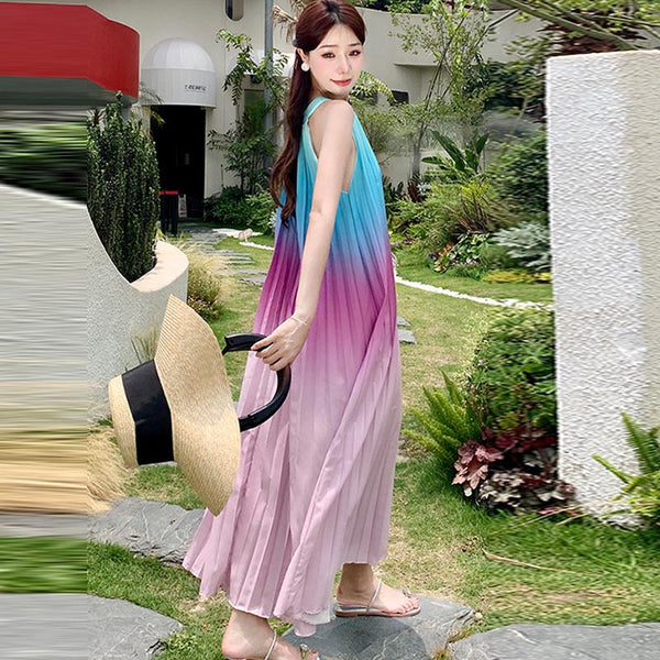 Romantic gradient sleeveless pleated long dresses