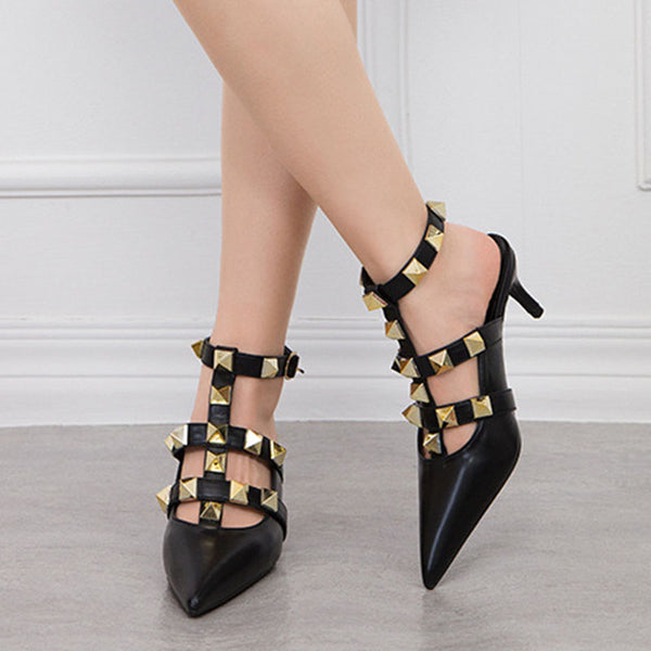 Rivet pointed toe low-fronted thin heeled shoes