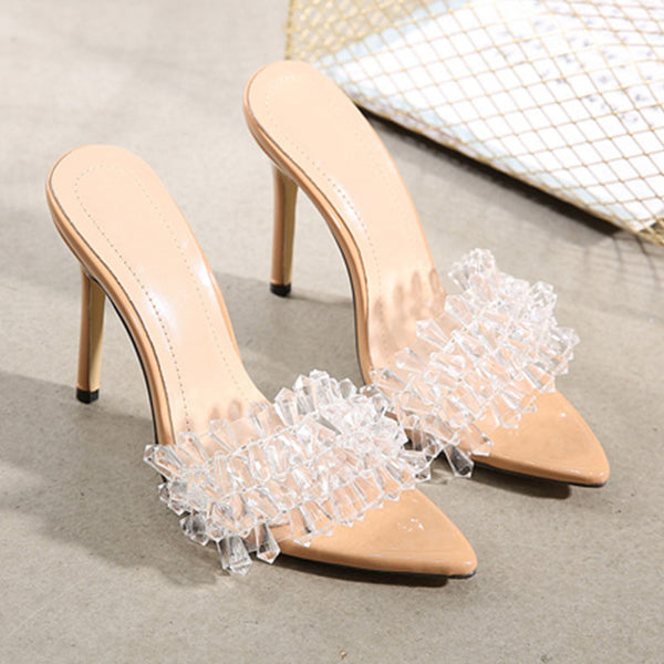 Transparent rhinestone pointed toe high heel slippers