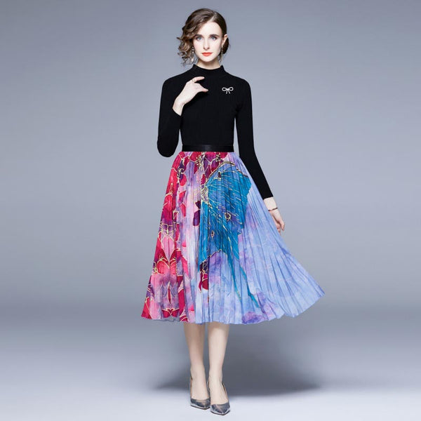 Women's long sleeve knit top & floral midi skirts