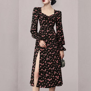 Elegant floral v-neck long sleeve split dresses