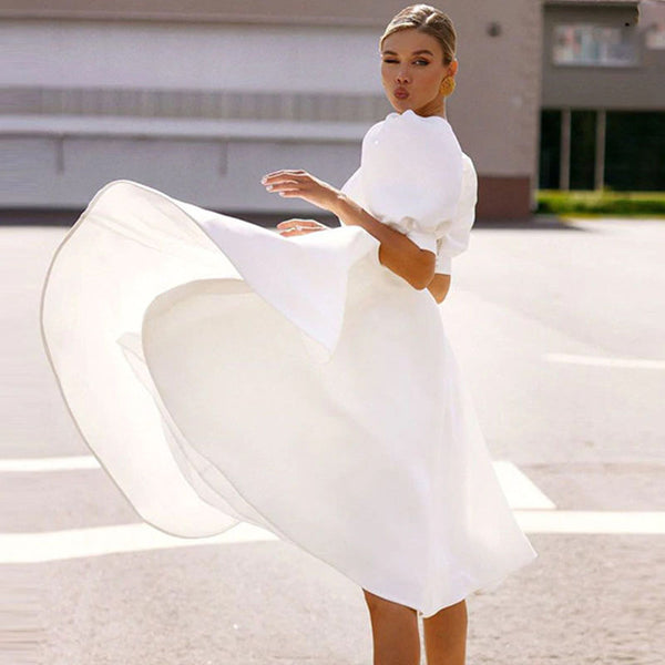 White puff sleeve cut out back skater dresses