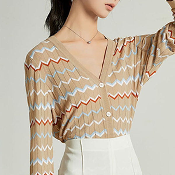 Color contrast wave v-neck long sleeve knitting cardigans