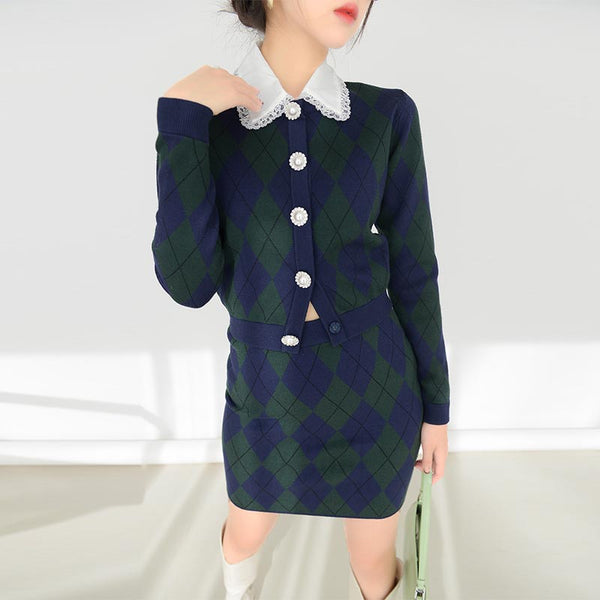 Vintage beaded diamond lapel knitting tops and mini skirts suits