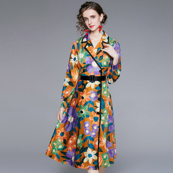 Double-breasted print long sleeve lapel dresses