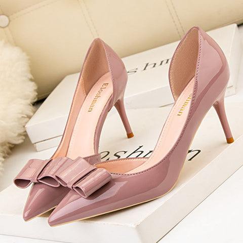 Bowknot solid patent leather pointed toe high heels