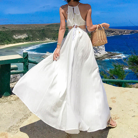 Halter Neck Solid Backless Split Beach Party Maxi Dress