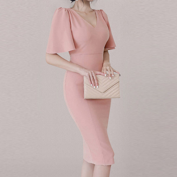 V-neck short sleeve pink bodycon dresses