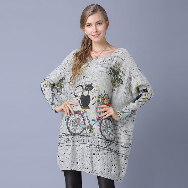Print bat sleeve pullover sweaters