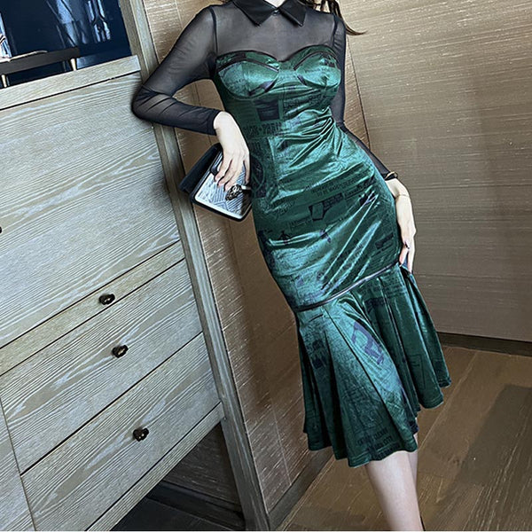 Elegant mesh long sleeve mermaid dresses