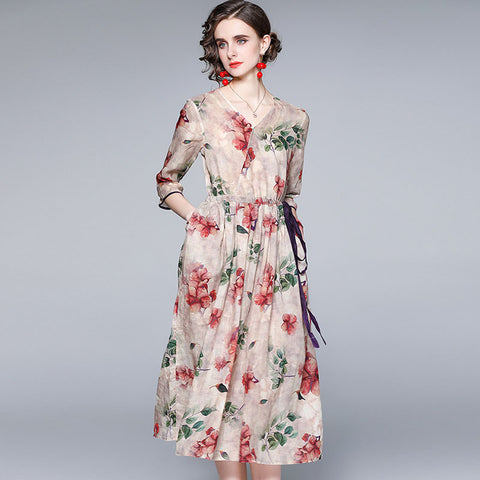 V-Neck Floral Printed Mid Sleeve Linen Casual Dress