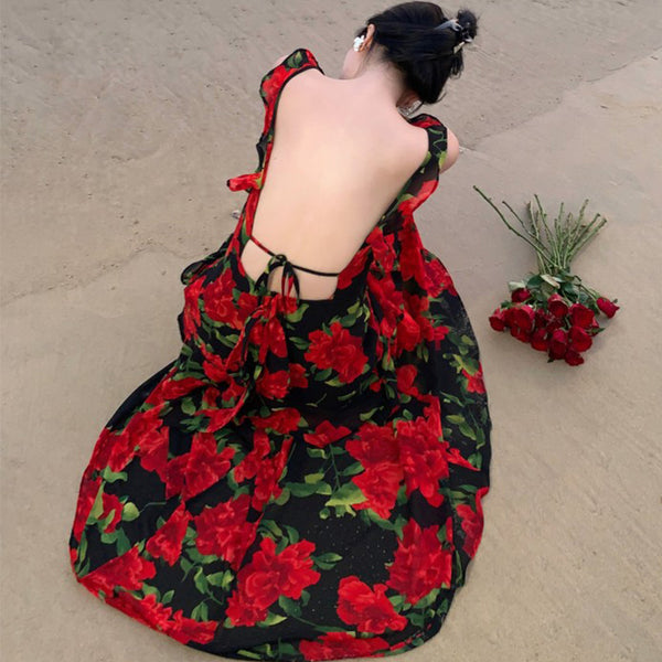 Luxe deep v-neck floral print big hem beach long dresses