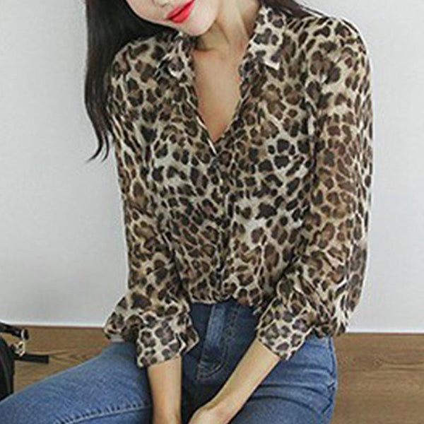 Leopard chiffon single-breasted blouses