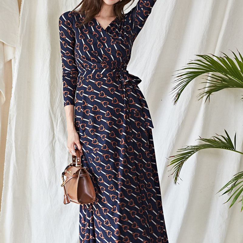 Retro long sleeve print wrap maxi dresses