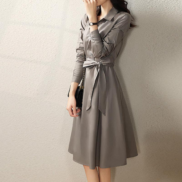 Casual lapel long sleeve belted shirt dresses