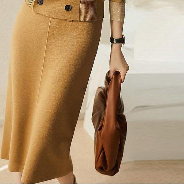 Elegant solid lapel long sleeve coats and slim skirts suits