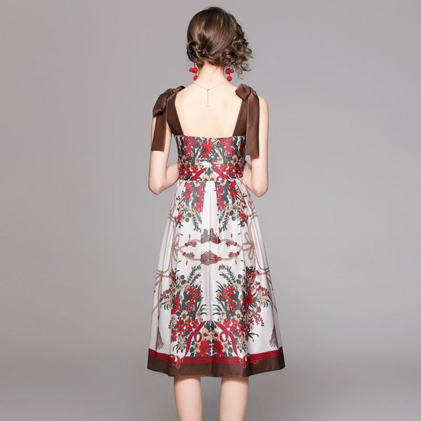 Vintage satin print strap a-line dresses
