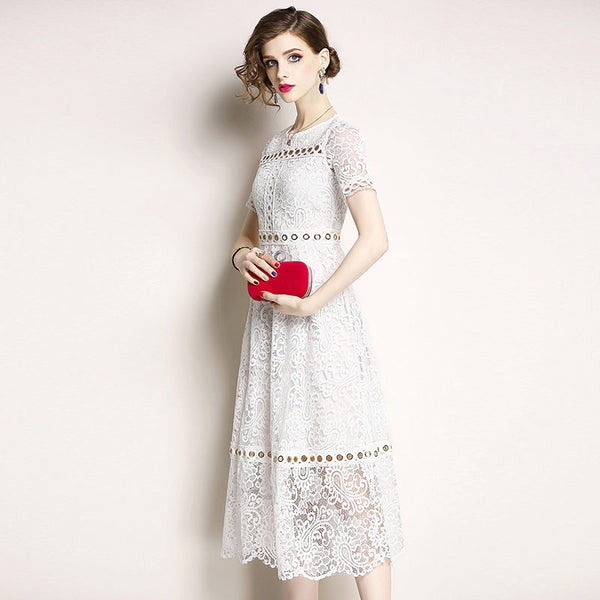 Lace openwork a line midi dresses