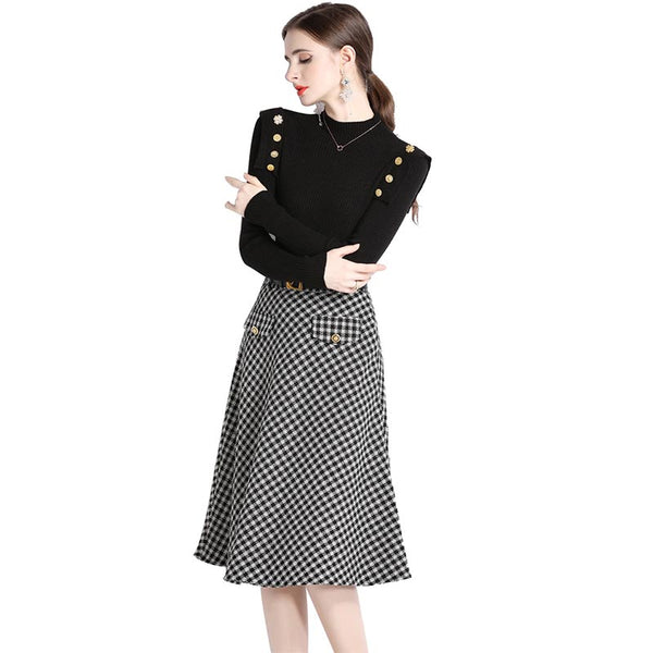 Elegant solid mock neck long sleeve knitting tops and plaid a-line skirts suits