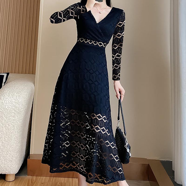 Elegant lace v-neck long sleeve maxi dresses