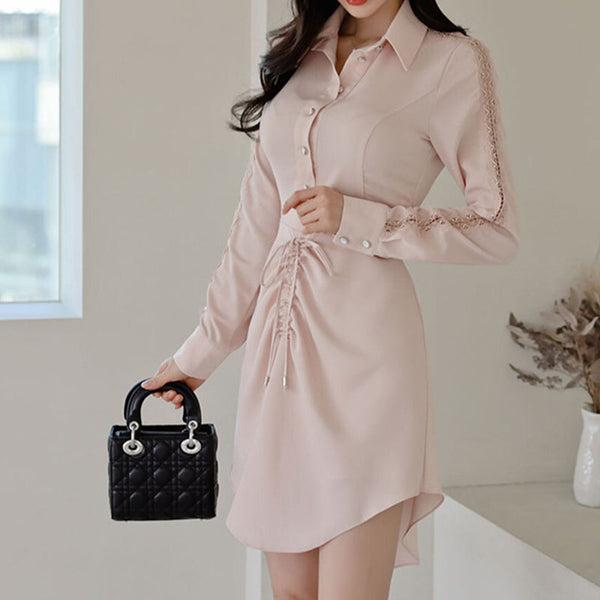 Light pink turn-down collar drawcord irregular dresses