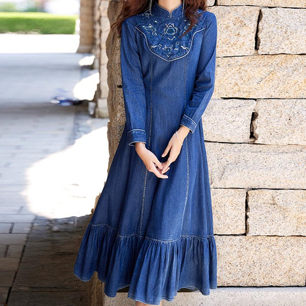 Retro embroidery stand collar long sleeve mermaid dresses