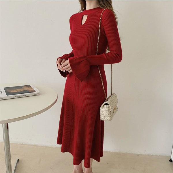 Crew neck gathered waist solid sweater dresses