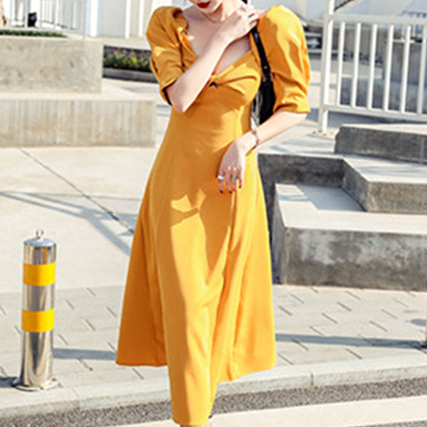 Vintage solid v-neck puff sleeve a-line dresses