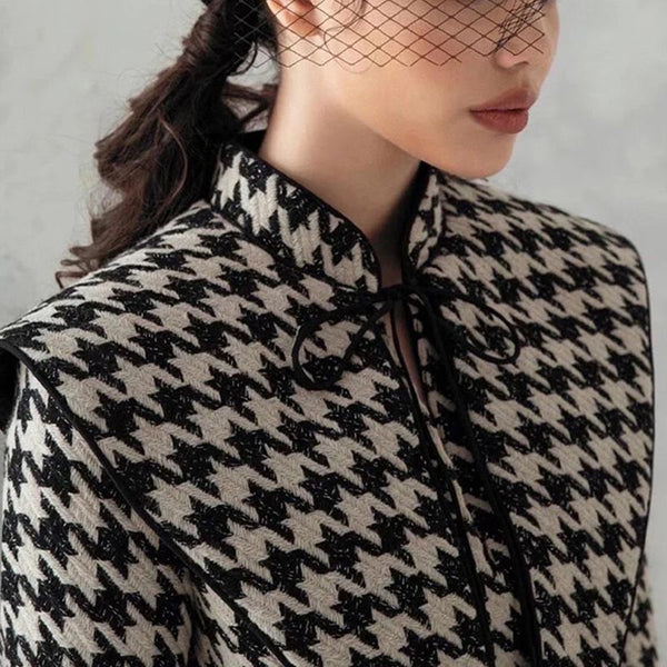 Houndstooth mock neck long sleeve coats and mesh skirts suits