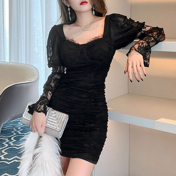 Lantern sleeve solid lace bodycon dresses