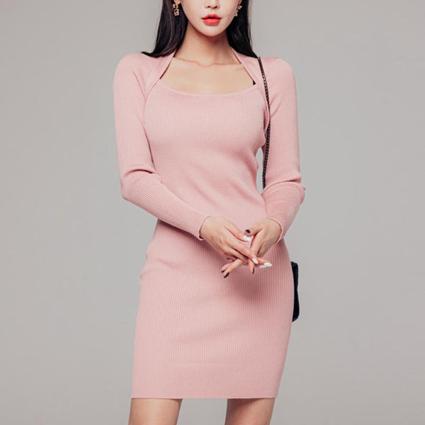 Solid long sleeve knitted sheath dresses