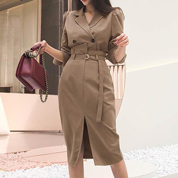 Notched slim high waisted split skirt suits