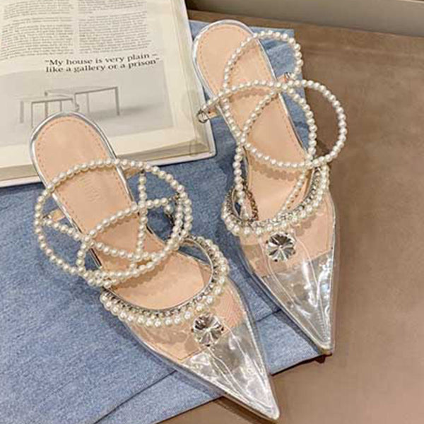 Pearl chain ankle strap high heels