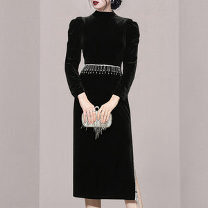 Mock neck black velvet midi dresses