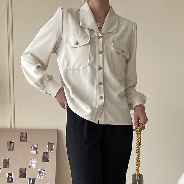 Vintage pure color lapel long sleeve blouses