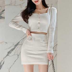 Square neck long sleeve tops with mini skirts