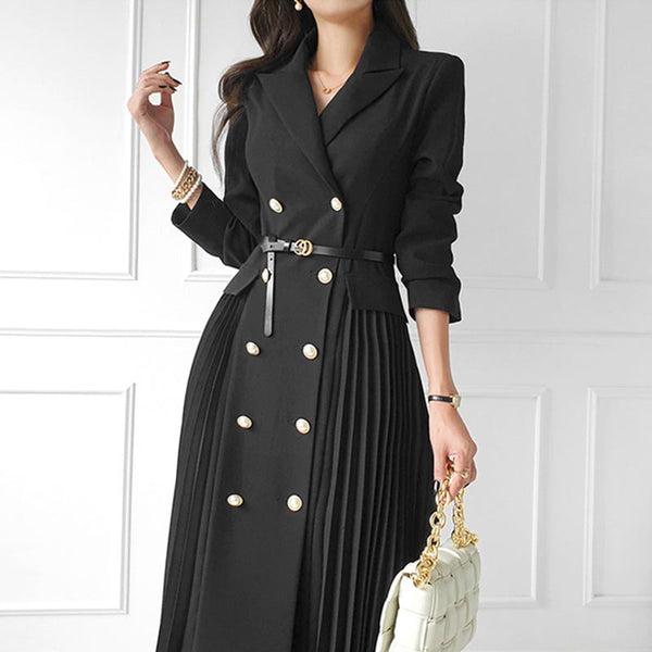 Brief lapel double breasted belted pleated blazer dresses