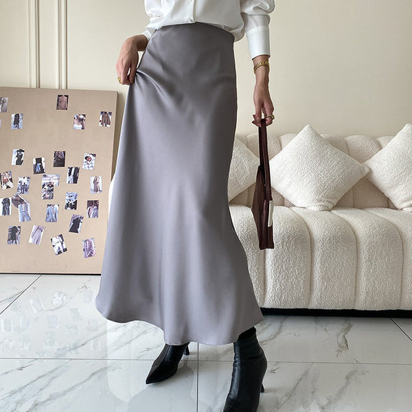 Stylish solid satin high waist a-line skirts