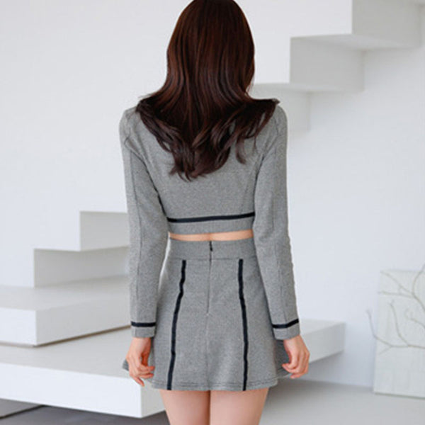Stylish lapel long sleeve crop tops and mini skirts suits