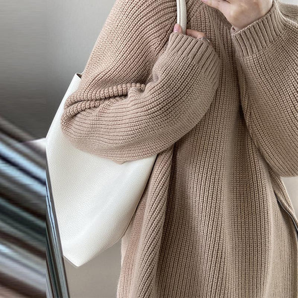Casual solid diagonal zipper high neck sweaters