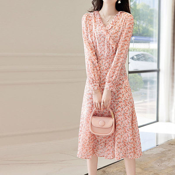 V-neck long sleeve flora midi dresses