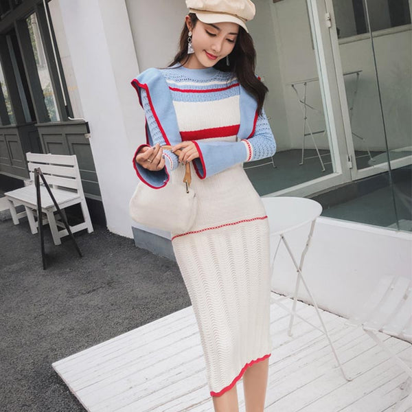 Flare sleeve color block sweater dresses
